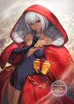  152_in_can 1girl altera_(fate) altera_the_santa_(fate) artist_name bare_shoulders barefoot black_mittens box breasts chain cloak collarbone dark-skinned_female dark_skin dated detached_sleeves dress fate/grand_order fate_(series) finger_to_mouth full-body_tattoo full_body gift gift_box hair_between_eyes hand_up highres holding holding_gift hood hood_up hooded_cloak index_finger_raised light_particles looking_at_viewer mittens off_shoulder open_clothes outstretched_arm outstretched_hand parted_lips reaching reaching_towards_viewer red_cloak red_eyes short_hair shushing signature small_breasts smile solo spread_fingers standing strapless strapless_dress tattoo watermark white_hair 