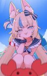  1girl ahoge animal_ear_fluff blonde_hair blue_bow blue_eyes blue_hair blue_scrunchie blue_sky bow cloud crab dress fins fish_girl fish_tail hair_bow head_rest highres indie_virtual_youtuber kaniki_(sameko_saba) long_hair looking_at_viewer low_twintails milk_tea_1993 one_side_up open_mouth sameko_saba scrunchie sky sleeveless sleeveless_dress smile solo tail twintails very_long_hair virtual_youtuber white_dress 
