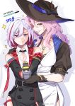  2girls arrow_(symbol) belt belt_buckle black_belt black_gloves black_hat blue_eyes blue_ribbon buckle cleavage_cutout clothing_cutout color-les drop_shadow english_commentary english_text gloves grey_eyes grin hair_between_eyes hand_on_another&#039;s_shoulder hat hat_ribbon highres holding holding_weapon honkai:_star_rail honkai_(series) jade_(honkai:_star_rail) lips multicolored_hair multiple_girls one_eye_in_shadow pale_skin pink_hair purple_lips red_streaks ribbon small_sweatdrop smile sparkle split_mouth topaz_(honkai:_star_rail) two-tone_hair v-shaped_eyebrows weapon weapon_request white_hair 