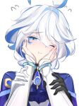  2girls absurdres ascot black_gloves blue_ascot blue_eyes blue_hair blue_shirt blush closed_mouth furina_(genshin_impact) genshin_impact gloves hair_between_eyes hands_on_another&#039;s_face highres lumine_(genshin_impact) multicolored_hair multiple_girls one_eye_closed pov shirt short_hair two-tone_hair voi_271 white_gloves white_hair white_shirt 