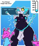 ambiguous_gender angry bottomwear breasts button_(fastener) button_pop clothing daxiefoxpet626 deltarune exclamation_point female flustered group loincloth sudden sudden_expansion tasque tasque_manager text_box torn_clothing trio undertale_(series) virovirokun wardrobe_malfunction weight_gain weight_gain_drive