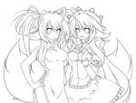  ahoge bad_id bad_pixiv_id breasts china_dress chinese_clothes dress fox_tail gothic_lolita greyscale highres lineart lolita_fashion long_hair looking_at_viewer maid medium_breasts monochrome multiple_girls open_mouth original ribbon smile syno tail twintails 