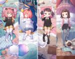  2girls :d anya_(spy_x_family) bag becky_blackbell black_dress black_skirt black_socks blue_shorts blush briefcase brown_eyes brown_hair collared_shirt commentary_request craytm curtains dakimakura_(object) dress frilled_pillow frills green_eyes grey_pantyhose hair_between_eyes hair_ornament hairclip highres indoors jacket multiple_girls multiple_views no_shoes on_bed pantyhose peanut pillow pink_hair pink_jacket ribbed_pantyhose ribbed_shirt sailor_collar school_briefcase school_uniform shirt shorts skirt smile socks spy_x_family stuffed_animal stuffed_penguin stuffed_toy swept_bangs thighhighs twintails watermark white_sailor_collar white_shirt white_socks white_thighhighs 