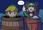 ... arm_up barrel black_eyes blonde_hair brown_hair crossover facial_hair gloves green_hat green_shirt hand_up hat link looking_at_viewer luigi mario_&amp;_luigi_rpg mario_(series) motion_lines mustache night no_mouth no_pupils outdoors scene_reference shirt short_hair sidelocks speech_bubble straight-on sweat the_legend_of_zelda the_legend_of_zelda:_the_wind_waker toon_link trembling water wavy_mouth white_gloves ya_mari_6363 