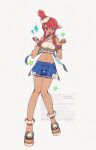  1girl :d bare_shoulders blue_eyes blue_shorts blush commentary crop_top full_body hair_between_eyes hands_up highres kawasaki_(kwsk_8765) long_hair looking_at_viewer midriff navel open_mouth pokemon pokemon_bw red_hair sandals short_sleeves shorts simple_background skyla_(pokemon) smile solo standing star_(symbol) watermark white_background yellow_sandals 