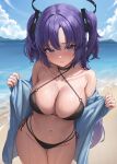  1girl absurdres alternate_costume ass_visible_through_thighs bare_shoulders beach bikini black_bikini black_choker black_halo blue_archive blue_eyes blue_jacket blue_sky blush breasts breasts_day choker cleavage closed_mouth cloud collarbone day hair_ornament halo highres jacket large_breasts long_hair looking_at_viewer mechanical_halo navel ocean off_shoulder outdoors purple_hair rianya07 sand shore side-tie_bikini_bottom sky solo stomach string_bikini swimsuit thigh_strap triangle_hair_ornament two_side_up water yuuka_(blue_archive) 