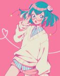  1girl adjusting_eyewear antennae aqua_eyes aqua_hair bespectacled blue_shirt blush brown_sweater buttons collared_shirt cowboy_shot denim denim_shorts eyelashes glasses hagoromo_lala hair_between_eyes hair_ornament hand_on_eyewear heart heart_of_string long_sleeves looking_at_viewer nachuchoco open_mouth pink_background pink_shorts pointy_ears precure puffy_long_sleeves puffy_sleeves red-framed_eyewear round_eyewear shirt shirt_under_sweater short_hair short_shorts shorts sleeves_past_wrists solo standing star_twinkle_precure striped_clothes striped_shirt sweater vertical-striped_clothes vertical-striped_shirt 