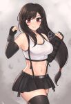  artist_name belt black_belt black_gloves black_skirt black_thighhighs blush breasts brown_hair clenched_hands closed_mouth crop_top ear_piercing earrings eyebrows_hidden_by_hair eyes_visible_through_hair facing_viewer final_fantasy final_fantasy_vii final_fantasy_vii_remake fingerless_gloves gloves grey_background hair_elastic highres jewelry large_breasts long_hair looking_at_viewer low-tied_long_hair luci_(purrlucii) miniskirt navel overall_skirt piercing red_eyes signature skirt smile solo standing tank_top thighhighs thighs tifa_lockhart very_long_hair white_tank_top 