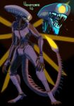 1_eye 5_fingers absurd_res alien alien_(franchise) bodily_fluids claws digitigrade finger_claws fingers hellpiercer hi_res machine new_blood_interactive open_mouth robot saliva solo standing tail teeth toe_claws ultrakill v1_(ultrakill) xenomorph