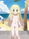 1girl bar_censor beach_towel blonde_hair blush censored chiwino closed_mouth cloud collarbone commentary_request completely_nude day flat_chest frown green_eyes hand_up highres knees large_variant_set lillie_(pokemon) long_hair looking_at_viewer navel nipples nude outdoors palm_tree pokemon pokemon_(anime) pokemon_(creature) pokemon_sm_(anime) pussy sand sandygast shore sky standing towel tree variant_set water 