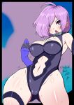 1girl bare_shoulders black_leotard blush breasts cleavage cleavage_cutout clothing_cutout collar elbow_gloves fate/grand_order fate_(series) gloves guriguri_(arayotto4351) hair_over_one_eye highleg highleg_leotard highres large_breasts leotard looking_at_viewer mash_kyrielight mash_kyrielight_(demi-servant) metal_collar navel navel_cutout open_mouth pink_hair purple_eyes purple_gloves short_hair solo thigh_strap thighs 