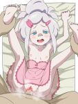  1boy 1girl babydoll barefoot blue_eyes breasts clothed_female_nude_male clothed_sex commentary_request deux_murasame erection faceless faceless_male feet gundam gundam_gquuuuuux hair_bun happy happy_sex highres ketsumoa legs_up lingerie lying missionary nipples no_bra no_panties nude on_back on_bed penis pink_babydoll pov pussy sex sheet_grab small_breasts spread_legs textless_version underwear vaginal white_hair 
