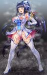  1girl absurdres ahegao black_hair blue_eyes blunt_bangs blush boots breasts censored corruption covered_navel elbow_gloves element_venus female_ejaculation full_body gloves hair_ornament high_heels highres kisaragi_nozomi large_breasts leotard living_clothes long_hair magical_girl mosaic_censoring nipple_cutout nippleless_clothes nipples open_mouth ponytail pussy rolling_eyes shinsou_seiki_elementia sirano solo standing tentacles thigh_boots thighhighs tongue tongue_out trembling very_long_hair white_gloves 