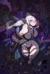  1girl absurdres arknights ascot bare_shoulders black_gloves black_hat black_leggings black_shirt blood blood_on_face blue_blood breasts bruise closed_mouth clothing_cutout detached_sleeves from_above gekeluoyouka gloves grey_hair hair_between_eyes hat highres holding holding_sword holding_weapon injury leggings long_hair looking_at_viewer low-tied_long_hair red_eyes shirt skadi_(arknights) skadi_(elite_ii)_(arknights) solo sword thigh_cutout weapon 