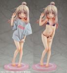  1girl absurdres ahoge bare_legs bare_shoulders bikini blue_shirt breasts copyright_notice figure full_body hair_between_eyes highres long_hair multiple_views navel official_art onii-chan_wa_oshimai! open_mouth oversized_clothes oyama_mahiro photo_(medium) red_eyes shirt shirt_tug single_bare_shoulder small_breasts solo standing stomach swimsuit wide_sleeves 