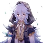  1boy ahoge aozoradoesart arm_scarf backlighting black_feathers bone_necklace brown_scarf coat falling_leaves feather-trimmed_sleeves feathers genshin_impact grey_hair hair_between_eyes highres hood hood_up jewelry leaf long_hair male_focus open_mouth razor_(genshin_impact) red_eyes scar scar_on_arm scar_on_face scarf simple_background sleeveless sleeveless_coat smile solo very_long_hair white_hair wolf_boy 