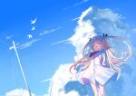  1girl :d ahoge arms_behind_back ascot atri atri-my_dear_moments- bird blush buttons closed_eyes cloud cloudy_sky day dress highres open_mouth red_ascot red_eyes sailor_collar sailor_dress sky smile solo standing white_dress ze_ping45283 