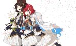  3girls ange_katrina animal_ears armband blue_armband blue_boots blue_eyes blue_gloves blue_hair blue_shirt blue_skirt blush boots braid brown_hair closed_mouth collared_shirt colored_inner_hair cowboy_shot cup_hair_ornament dog_ears earrings eddke9s4ik52530 frilled_skirt frills from_side front-to-back gloves gold_trim hair_intakes hair_ornament half_up_braid hand_up hashtag-only_commentary headset heterochromia high_heel_boots high_heels highres idol_clothes inui_toko jewelry layered_shirt layered_skirt leg_up lize_helesta long_bangs long_hair long_sleeves looking_at_viewer looking_to_the_side medium_hair miniskirt multicolored_hair multiple_girls nijisanji nijisanji_idol_uniform one_eye_closed pentagon_(shape) purple_eyes red_eyes red_hair sanbaka_(nijisanji) shirt silver_tiara skirt sleeve_cuffs smile spread_fingers streaked_hair triangle_hair_ornament twitter_username two-tone_hair v very_long_hair virtual_youtuber waving white_background white_hair white_shirt white_skirt yellow_eyes 