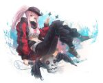  1girl black_pants black_shoes blush brown_hat closed_mouth commentary franlol full_body hand_up hat highres holding holding_microphone hololive hololive_english jacket long_hair long_sleeves looking_at_viewer microphone midriff mori_calliope mori_calliope_(streetwear) navel official_alternate_costume open_clothes open_jacket pants pink_hair ponytail print_shirt red_eyes red_jacket shirt shoes simple_background skull skull_print sneakers solo v virtual_youtuber white_background white_shirt 