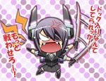 anger_vein angry blush chibi eyepatch fang gloves headgear kanno_takanori kantai_collection left-handed open_mouth pleated_skirt purple_hair short_hair skirt solo sword tears tenryuu_(kantai_collection) thighhighs translated weapon zettai_ryouiki 