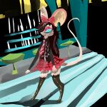 2016 alternative_fashion anthro bar blue_eyes bottomwear clothed clothed_female clothing detailed_background digital_drawing_(artwork) digital_media_(artwork) female fully_clothed fully_clothed_female furniture hi_res inside mammal mouse murid murine naircat necktie punk red_bottomwear red_clothing red_skirt rodent skirt smile solo stool