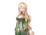  1girl arms_at_sides blonde_hair blue_eyes breasts cleavage closed_eyes closed_mouth detached_sleeves frfr game_cg gem gold_trim green_sleeves green_thighhighs hair_between_eyes jewelry large_breasts light_smile long_hair micaela_(mon-musu_quest!) mon-musu_quest! mon-musu_quest:_paradox nose red_gemstone solo thighhighs variant_set very_long_hair 