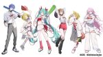  1boy 5girls black_shoes black_socks blonde_hair blue_eyes blue_hair blush bow brown_hair brown_pants closed_mouth commentary copyright_notice crossed_arms food grey_shoes grey_shorts hair_between_eyes hair_bow hairband hatsune_miku high-waist_pants high-waist_shorts holding holding_food holding_spring_onion holding_vegetable jacket kagamine_len kagamine_rin kaito_(vocaloid) kneehighs long_hair looking_at_viewer loose_socks megurine_luka meiko_(vocaloid) multiple_girls navel ningen_mame official_art pants pink_hair promotional_art purple_hair red_bow red_shirt red_shorts red_sports_bra shirt shoes short_shorts shorts sidelocks skirt smile socks sports_bra spring_onion touhoku_rakuten_golden_eagles twintails vegetable vocaloid white_hairband white_jacket white_pants white_shirt white_shoes white_skirt white_socks yellow_hairband 