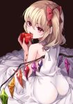  1girl alternate_costume apple ass bare_arms bare_shoulders blonde_hair blood blood_from_mouth blood_on_clothes blood_on_hands bow commentary_request crystal crystal_wings dress eating fangs fingernails flandre_scarlet food fruit hair_between_eyes hair_bow highres holding holding_food holding_fruit looking_at_viewer looking_back meimei_(meimei89008309) multicolored_wings nail_polish no_headwear one_side_up open_mouth pointy_ears red_bow red_eyes red_nails sitting solo teeth touhou upper_teeth_only white_dress wings 
