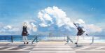  2girls absurdres arm_up bag bang_dream! bang_dream!_it&#039;s_mygo!!!!! blue_hair blue_shirt blue_skirt brown_bag closed_eyes cloud commentary crosswalk cumulonimbus_cloud day english_commentary green_hair grey_neckerchief highres kamakura_(city) long_hair long_sleeves multiple_girls neckerchief ocean open_mouth outdoors plaid_clothes plaid_skirt pleated_skirt road running school_bag school_uniform shirt shoulder_bag sidelocks skirt sky togawa_sakiko tsukinomori_school_uniform two_side_up umie_(iowae) wakaba_mutsumi wide_shot yellow_eyes 