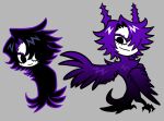  1girl animal_feet bird_legs bird_tail black_eyes black_feathers claws colored_skin feathered_wings feathers full_body grey_background harpy highres horns kakke666 looking_at_viewer mammon_(kakke666) monster_girl multiple_views original purple_feathers purple_hair purple_wings short_hair simple_background smile tail white_skin winged_arms wings 