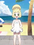  1girl :d aged_down arms_behind_back beach_towel blonde_hair chiwino cloud collarbone commentary_request day dress green_eyes hair_bun happy highres knees large_variant_set lillie_(pokemon) looking_at_viewer open_mouth outdoors palm_tree pokemon pokemon_(anime) pokemon_(creature) pokemon_sm_(anime) pyukumuku sand shore short_dress short_hair sky sleeveless sleeveless_dress smile standing towel tree variant_set water white_dress 