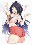  asava_(hutaitenn) ass bikini bikini_under_clothes black_bikini black_hair blue_eyes collared_shirt commentary_request cosplay cowboy_shot cropped_legs double_v dress_shirt heart heart_in_mouth highres kantai_collection katsuragi_(kancolle) long_hair noshiro_(kancolle) noshiro_(kancolle)_(cosplay) noshiro_(swimsuit)_(kancolle) orange_scrunchie ponytail red_shorts scrunchie shirt shorts smile swimsuit tied_shirt v watermark white_shirt wrist_scrunchie 