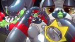 16:9 2025 4_toes 4k absurd_res ambiguous_gender animate_inanimate anthro biped black_body black_fur blue_nose canid canine crown digital_media_(artwork) eyes_closed feet fox fur glistening green_body green_fur half-closed_eyes headgear hi_res inflatable jazzotter latex liquid_latex living_inflatable macro male mammal micro multicolored_body multicolored_fur mustelid narrowed_eyes nude otter pawpads paws purple_eyes red_pawpads sexotheque size_difference striped_body striped_fur stripes stuck toes turt white_body white_fur widescreen