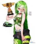  1girl :3 absurdres artist_name black_pantyhose black_ribbon black_skirt blush breasts cars_(movie) chick_hicks commentary covered_nipples english_commentary english_text genderswap genderswap_(mtf) grabbing_own_thigh hair_between_eyes hair_ribbon hand_on_own_thigh heavy_breathing highres holding holding_trophy microskirt mole mole_on_shoulder navel nisp_art one_side_up pantyhose pleated_skirt reference_inset ribbon simple_background skirt small_breasts solo sweat trophy white_background 