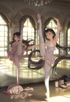  2girls absurdres arm_up armpits asha_(bangsom) back-seamed_legwear ballerina ballet ballet_dress ballet_slippers bangsom black_hair blush bow breasts bridal_sleeves brown_eyes brown_hair cleavage commentary_request curtains dance_studio dress en_pointe hair_bow highres indoors leg_up leotard leotard_peek long_hair maya_(bangsom) mole mole_under_eye multiple_girls original pantyhose pink_dress pink_pantyhose ribbon seamed_legwear shoes smile split standing standing_on_one_leg standing_split sweat sweatdrop tutu upskirt very_long_hair white_dress white_leotard white_pantyhose wrap_skirt 
