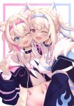  2girls adopot animal_ear_fluff animal_ears bandaid bandaid_hair_ornament black_jacket blonde_hair blue_eyes blue_hair blush breasts dog_ears dog_girl dog_tail fuwawa_abyssgard fuwawa_abyssgard_(1st_costume) hair_intakes hair_ornament hairclip headphones highres hololive hololive_english horn_hairband jacket large_breasts long_hair long_sleeves looking_at_viewer medium_breasts mococo_abyssgard mococo_abyssgard_(1st_costume) multiple_girls navel one_eye_closed open_mouth parallel_hairclips pink_eyes pink_hair short_hair siblings simple_background sisters smile stomach tail twins unworn_headphones upper_body virtual_youtuber white_background x_hair_ornament 