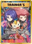  1boy 1girl alternate_eye_color artist_name belt black_pants black_shirt blue_hair boots breasts card_(medium) closed_mouth coin company_name copyright_name copyright_notice earrings fangs gold green_eyes grey_belt grey_boots james_(pokemon) jessie_(pokemon) jewelry koban_(gold) long_hair meowth official_art open_mouth pants pink_hair pokemon pokemon_(anime) pokemon_(classic_anime) pokemon_(creature) pokemon_card pokemon_tcg red_eyes saitou_naoki shirt short_hair slit_pupils smile team_rocket team_rocket_uniform third-party_source trading_card translation_request v-shaped_eyebrows 