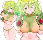  1girl absurdres blue_eyes blush boku_no_hero_academia breasts commentary elpipe_3000 gloves green_gloves green_hair hagakure_toru highres large_breasts long_hair looking_at_viewer medium_hair multiple_views navel simple_background smile white_background 
