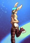 2024 4_toes anthro barely_visible_genitalia bent_leg blue_background blue_eyes blue_hair butt claws clothing duo extreme_size_difference feet femboy genitals hair hi_res kolatti lagomorph legwear leporid male male/male mammal micro micro_in_clothes open_mouth pattern_clothing pattern_legwear pattern_thigh_highs paws purple_background rabbit rear_view simple_background size_difference standing striped_clothing striped_legwear striped_thigh_highs stripes thigh_highs thigh_highs_only toe_claws toes touki_(kolatti)