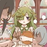  3girls akemi_homura aki_mabayu black_hair cake display food green_hair kishimen_hair looking_at_another magia_record:_mahou_shoujo_madoka_magica_gaiden mahou_shoujo_madoka_magica mahou_shoujo_madoka_magica:_hangyaku_no_monogatari maid_headdress momoe_nagisa monznyan multiple_girls one_eye_covered recompense_maid_uniform scissors_hair_ornament white_hair 