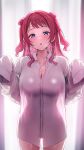  1girl blurry blurry_background blush breasts cleavage collarbone collared_shirt double_bun gakuen_idolmaster hair_bun hanami_saki highres idolmaster large_breasts long_hair looking_at_viewer open_mouth pink_hair purple_eyes see-through_silhouette shiitake_taishi shirt sleeves_past_fingers sleeves_past_wrists solo steaming_body sweat thighs two_side_up very_long_sleeves white_shirt 