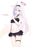  1girl absurdres bare_arms bare_shoulders bikini black_bikini black_choker blue_archive character_name choker criss-cross_halter food food_in_mouth frilled_bikini frills grey_eyes hair_over_one_eye hair_ribbon hairband halo halterneck highres holding holding_food holding_popsicle long_hair looking_at_viewer navel plana_(blue_archive) popsicle popsicle_in_mouth ribbon simple_background solo stomach string_bikini swimsuit thigh_strap thighs very_long_hair white_background white_hair zapik 