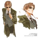  1boy black_necktie blood blood_on_face brown_hair closed_mouth coat collared_shirt fate_(series) formal_clothes green_coat green_pants green_suit hand_in_pocket hand_up kalak_39 koha-ace long_sleeves looking_at_viewer maxwell&#039;s_demon_(fate) necktie original pants shaded_face shadow shirt short_hair smile solo suit sunglasses twitter_username white_background white_shirt 