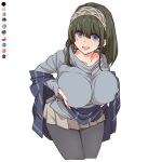  1girl black_hair blue_eyes blue_sweater breast_lift breasts brown_skirt color_guide commentary_request hairband holding_own_breasts idolmaster idolmaster_cinderella_girls jewelry large_breasts leaning_forward long_hair looking_at_viewer miniskirt necklace open_mouth out_of_character pantyhose sagisawa_fumika shawl simple_background skirt solo sweater tareme toriga_naku white_background 
