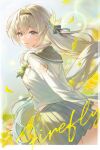  1girl absurdres black_hairband black_ribbon blush bow bowtie buttons collared_shirt commentary double-breasted falling_petals firefly_(honkai:_star_rail) firefly_(spring_missive)_(honkai:_star_rail) flower from_behind gradient_eyes green_bow green_bowtie green_pupils grey_hair grey_sailor_collar grey_shirt grey_skirt hair_between_eyes hair_intakes hair_ornament hair_ribbon hairband highres honkai:_star_rail honkai_(series) long_hair looking_back multicolored_eyes open_mouth petals plaid_bow plaid_bowtie plaid_clothes pleated_skirt ribbon sailor_collar shirt skirt smile sohan_(sohan_416) solo teeth two-tone_eyes white_shirt yellow_flower 