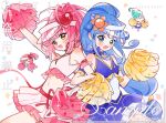  4girls ^_^ adapted_costume amulet_heart amulet_heart_(cosplay) aqua_eyes aqua_hair arm_up bare_legs bare_shoulders beehive_hairdo blue_bow blue_bowtie blue_choker blue_hair blue_hat blue_leotard blue_shirt blue_shoes blue_skirt blunt_bangs blush_stickers bow bow_choker bowtie cheerleader chibi choker closed_eyes confetti cosplay cowboy_shot crop_top crossover curly_hair dream_han dress eyelashes frilled_armlet frilled_shirt frilled_skirt frills fushigiboshi_no_futago_hime guardian_chara hair_tubes hat hat_ornament heart heart_hat_ornament heart_print high_ponytail highres hinamori_amu holding holding_pom_poms leotard leotard_under_clothes light_blush locked_arms long_hair low-tied_long_hair magical_girl midriff miniskirt multiple_girls navel neck_ribbon open_mouth pink_dress pink_hair pink_hat pink_shirt pink_shoes pink_skirt pleated_skirt pom_pom_(cheerleading) ponytail ran_(shugo_chara!) red_ribbon rein_(futagohime) ribbon sample_watermark see-through_clothes see-through_headwear shirt shoes short_hair shugo_chara! sidelocks single_blush_sticker skirt skirt_set sleeveless sleeveless_shirt smile sparkle star_(symbol) star_print sun_hat_ornament the_eleven_seed_princesses updo v-neck very_long_hair visor_cap watermark white_background white_shirt yellow_eyes 