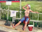  1girl armpits bandana barefoot bench blue_shorts boots breasts breasts_apart bucket closed_eyes clothes_around_waist collarbone commentary_request concrete day fence field flower flower_field grass hand_on_own_forehead hand_on_railing hand_up highres hot iron_fence iskanderednaksi large_breasts linea_alba navel nipples on_bench original outdoors outstretched_legs parted_lips print_shirt red_sweater russian_commentary shadow shirt shorts sign sitting solo stomach striped_clothes striped_shorts sunlight sweater sweater_around_waist t-shirt tan tanlines topless_female unworn_boots unworn_shirt white_bandana white_flower white_shirt yellow_flower zenra 