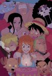  2girls 6+boys afro antlers bare_shoulders birthday birthday_cake black_hair blonde_hair blue_hair blue_skin blue_tank_top breasts brook_(one_piece) brown_eyes brown_fur cake cigarette closed_mouth collarbone colored_skin english_commentary fish_boy food franky_(one_piece) green_hair grin happy_birthday hat highres horns jinbe_(one_piece) large_breasts long_hair long_nose monkey_d._luffy multiple_boys multiple_girls nami_(one_piece) nico_robin oliviajtaylor20 one_piece open_mouth orange_hair party_hat reindeer_antlers reindeer_boy roronoa_zoro sanji_(one_piece) scar scar_across_eye scar_on_cheek scar_on_face short_hair sidelocks skeleton smile sparkling_eyes straw_hat straw_hat_pirates tank_top tears tongue tongue_out tony_tony_chopper upper_body usopp wavy_hair 