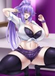  1girl amesuku_gyaru animal_print bed blue_eyes bra bra_peek breasts choker choujigen_game_neptune cleavage commentary gyaru highres indoors kogal large_breasts leopard_print leopard_print_bra long_hair nail_polish navel neptune_(neptunia) neptune_(series) open_mouth plaid_clothes plaid_skirt pleated_skirt ponytail power_symbol power_symbol-shaped_pupils purple_hair purple_heart_(neptunia) purple_nails school_uniform seshiro_(which501) shirt skirt socks solo symbol-shaped_pupils tied_shirt tongue tongue_out underwear very_long_hair 