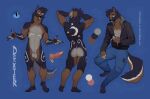 4_toes 5_fingers absurd_res animal_genitalia anthro balls belly biped black_body black_claws black_clothing black_ears black_feet black_fur black_hair black_jacket black_nose black_pawpads black_tail black_toes black_topwear blue_background blue_bottomwear blue_clothing blue_eyes blue_pants bottomwear brown_body brown_fur brown_inner_ear butt canid canine canis character_name cigarette cigarette_in_hand claws clothed clothed_anthro clothed_male clothing dexter_(krix) domestic_dog drugs feet finger_claws fingers fully_clothed fully_clothed_anthro fully_clothed_male fur genitals german_shepherd grey_balls grey_belly grey_body grey_butt grey_fingers grey_fur grey_sheath hair hand_pawpads herding_dog hi_res jacket knot knotted_penis looking_at_viewer male male_anthro mammal markings model_sheet moon_(marking) nude nude_anthro nude_male pants pastoral_dog pawpads penis pink_penis sheath simple_background solo tail text toe_claws toes topwear torn_bottomwear torn_clothing torn_pants wetsealky white_markings